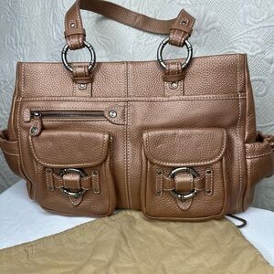 Tommy Bahama Tan Pebbled Leather Cargo Satchel Bag